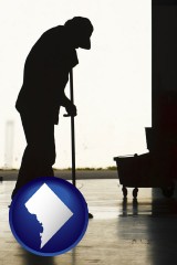 washington-dc map icon and a janitor silhouette