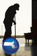 massachusetts map icon and a janitor silhouette